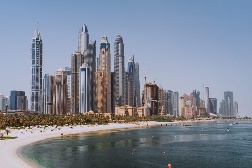 City skyline across body of water